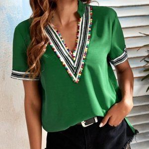 Boho Fun Pompom Trim Blouse Green